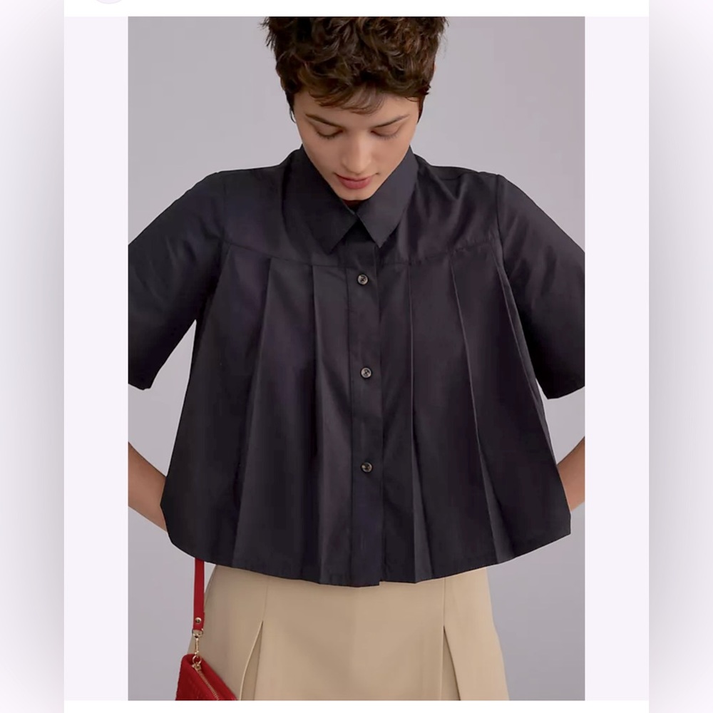 Anthropologie Maeve Short Sleeve Pleated Poplin Blouse